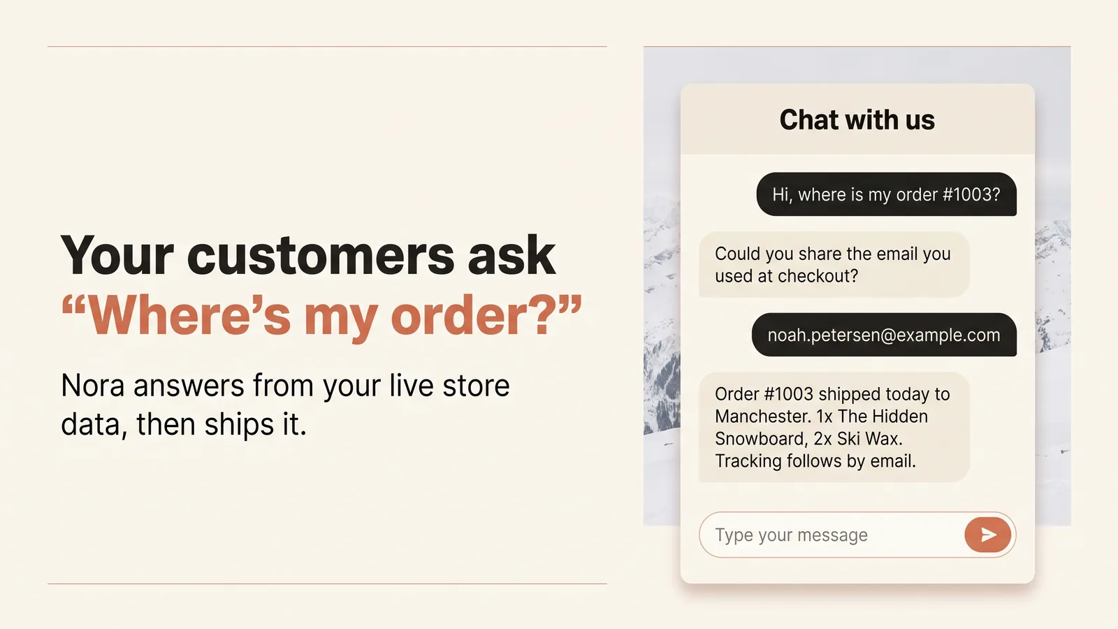 A storefront chat: a shopper asks where order #1003 is, Nora asks for the checkout email, then says it shipped today.